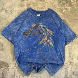 Vintage y2k Gildan Native American tie dye green Horse aztec Graphic Tee Shirt